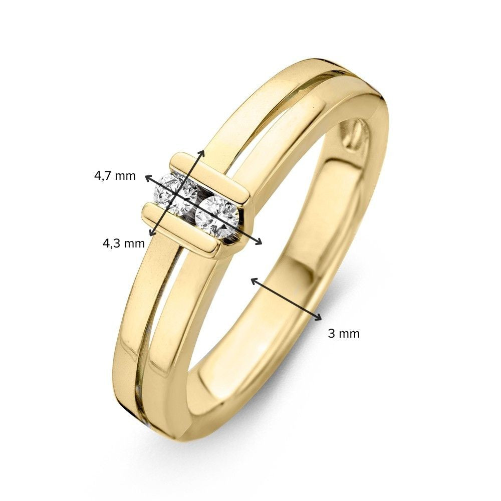 Żółtozłoty pierścionek z dwoma diamentami – elegancki design i podwyższone V-ustawienie – 14 karatowe złoto