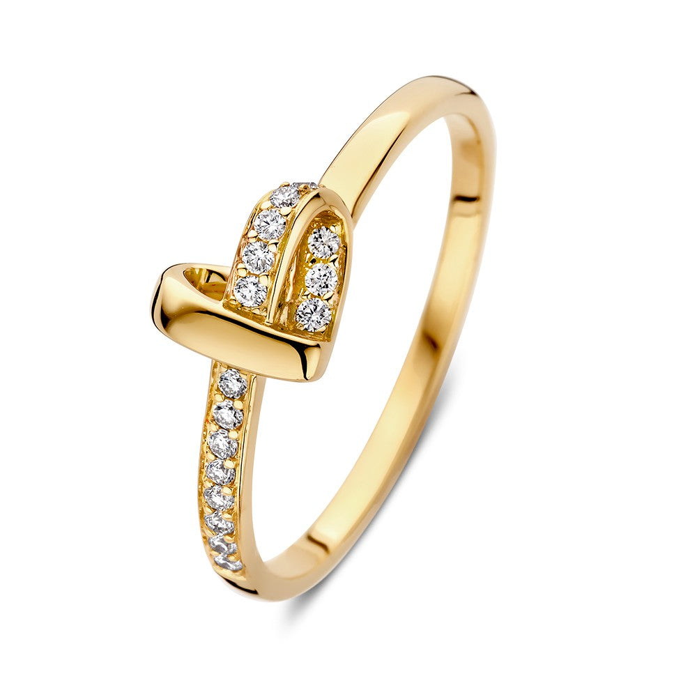Złoty pierścionek w kształcie serca z diamentami, 0,11 ct.
