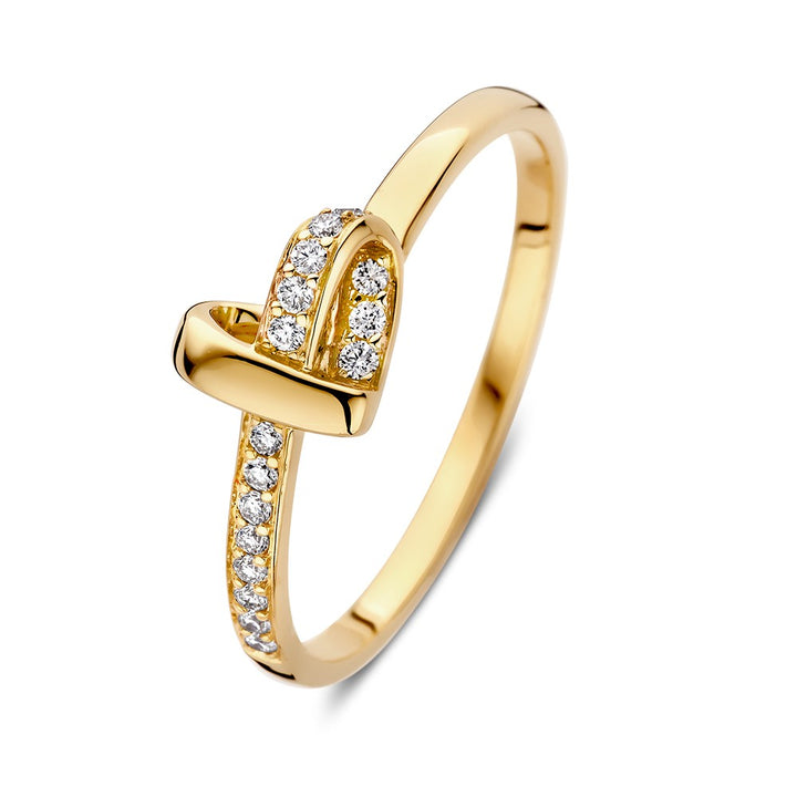 De Geelgouden Hart Ring met Diamanten, 0,11ct van Excellent Jewelry heeft een hartvormig ontwerp dat gedeeltelijk is bezet met fonkelende diamanten langs één kant van het hart en de band.