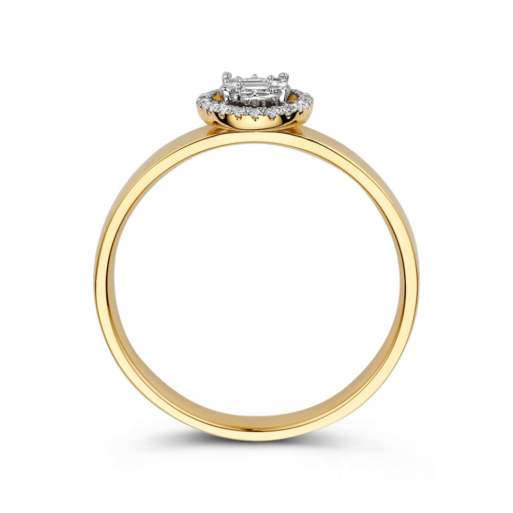 Elegancki pierścionek z białego i żółtego złota z diamentem i diamentami w kształcie baguette w niewidocznej oprawie – 0,17 crt
