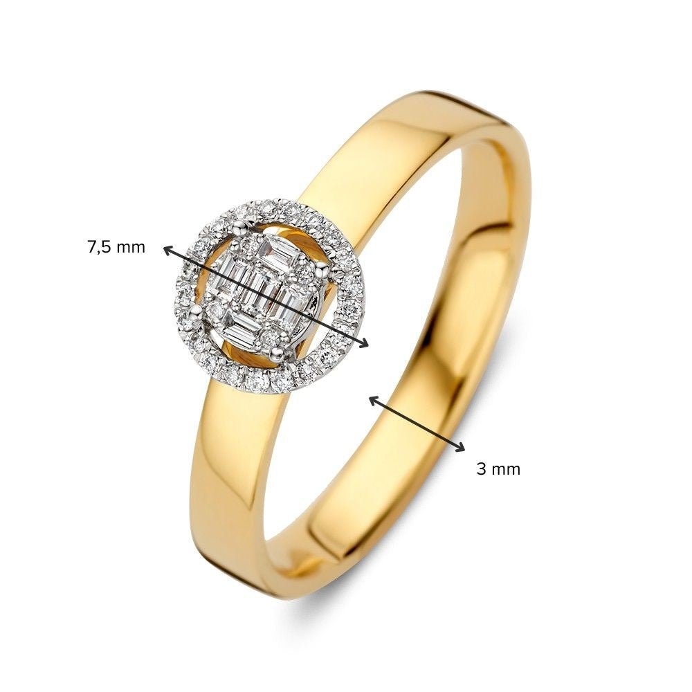 Elegancki pierścionek z białego i żółtego złota z diamentem i diamentami w kształcie baguette w niewidocznej oprawie – 0,17 crt