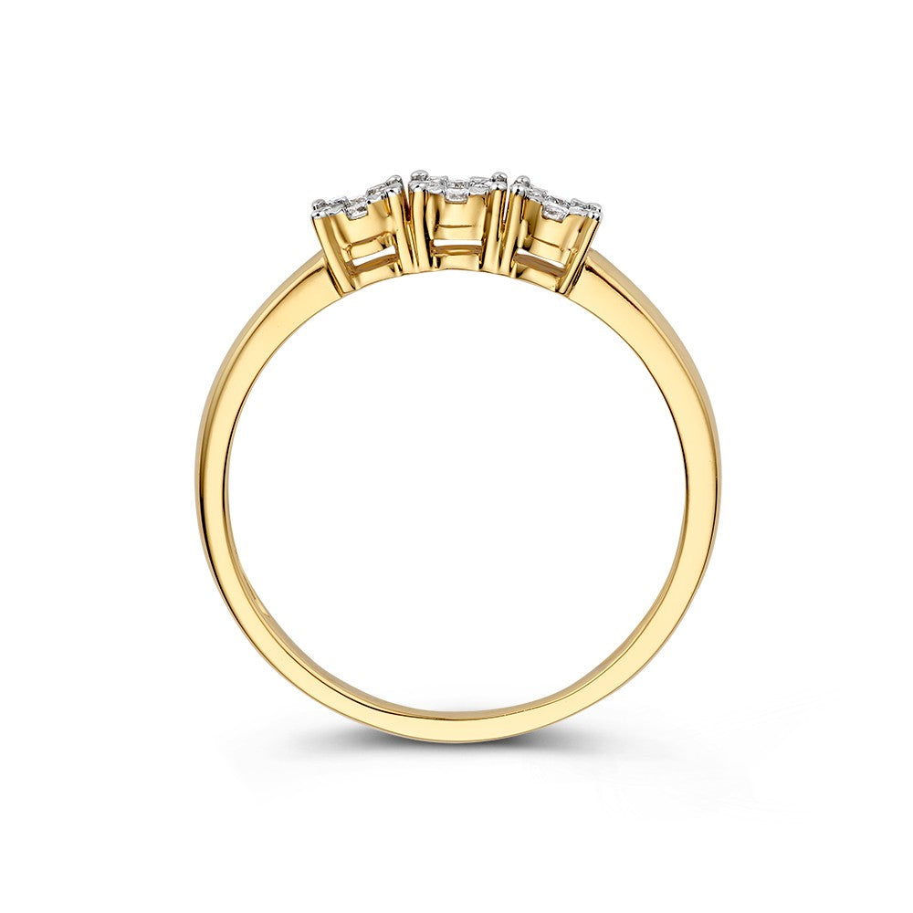Elegancki Żółte Złoto Pierścionek Trójkamieniowy z Diamentami w Ustawieniu Otoczenia – 0,18 crt