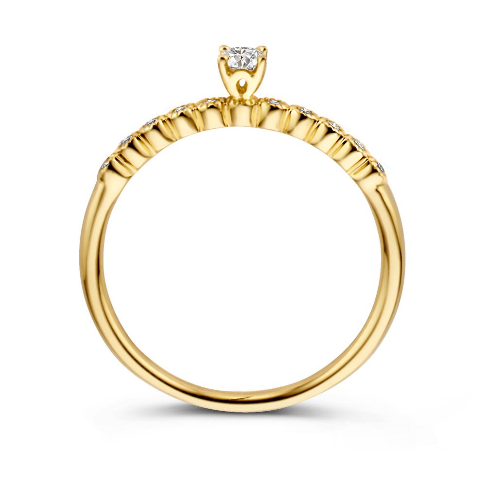 Vintage Żółte Złoto Pierścionek Solitair z Diamentowymi Bocznych Kamieniami – 14 Karat, 0,19 ct Brylant Diament, H/SI-1 Jakość