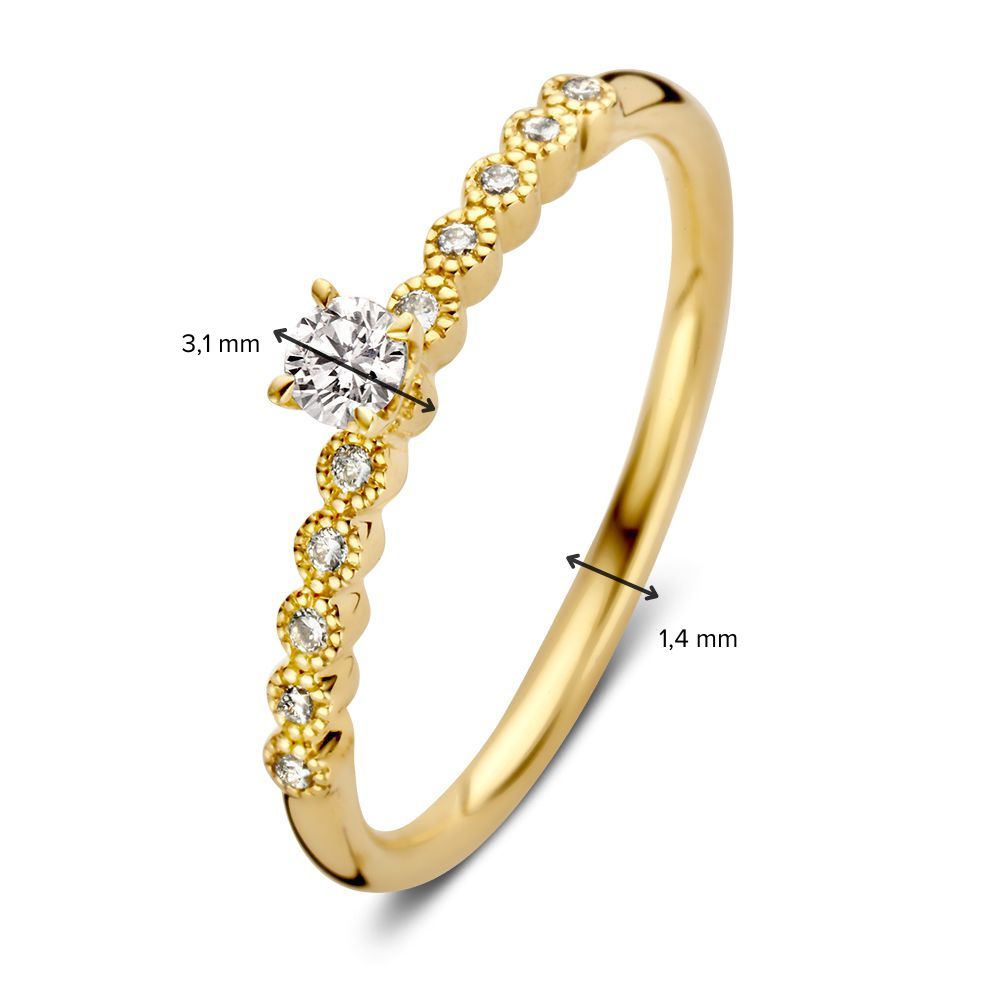 Vintage Żółte Złoto Pierścionek Solitair z Diamentowymi Bocznych Kamieniami – 14 Karat, 0,19 ct Brylant Diament, H/SI-1 Jakość