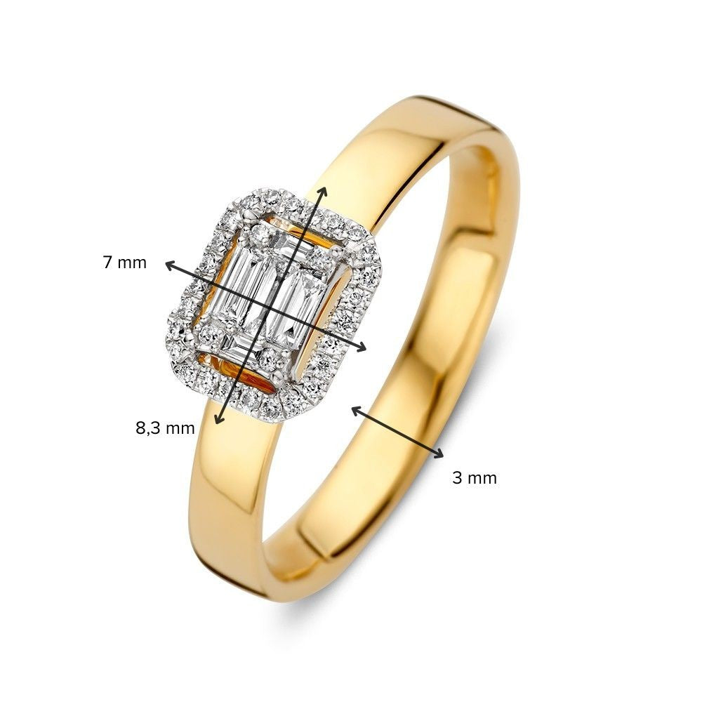 Elegancki pierścionek bicolor ze złota z diamentami brylantowymi i baguette w niewidocznym osadzeniu 0.20 crt.