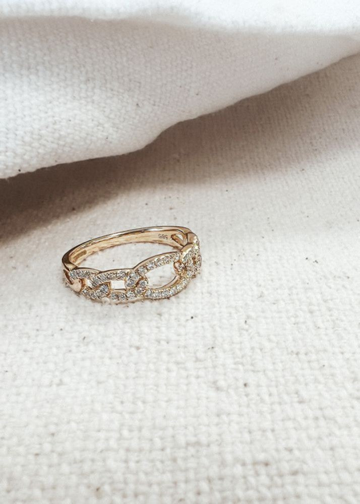 Elegancki Żółte Złoto Ogniwo Pierścionek z Błyszczącymi Diamentami – 14 Karat Złoto i 0,28 Karata Diament