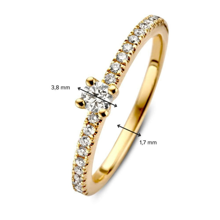 De Schitterende Geelgouden Solitair Ring met Zijstenen van Excellent Jewelry is vervaardigd uit 14 karaat goud en heeft een briljant geslepen diamant van 0,32ct, gezet in een 1,7 mm brede band. Afmetingen worden getoond met pijlen en maten.