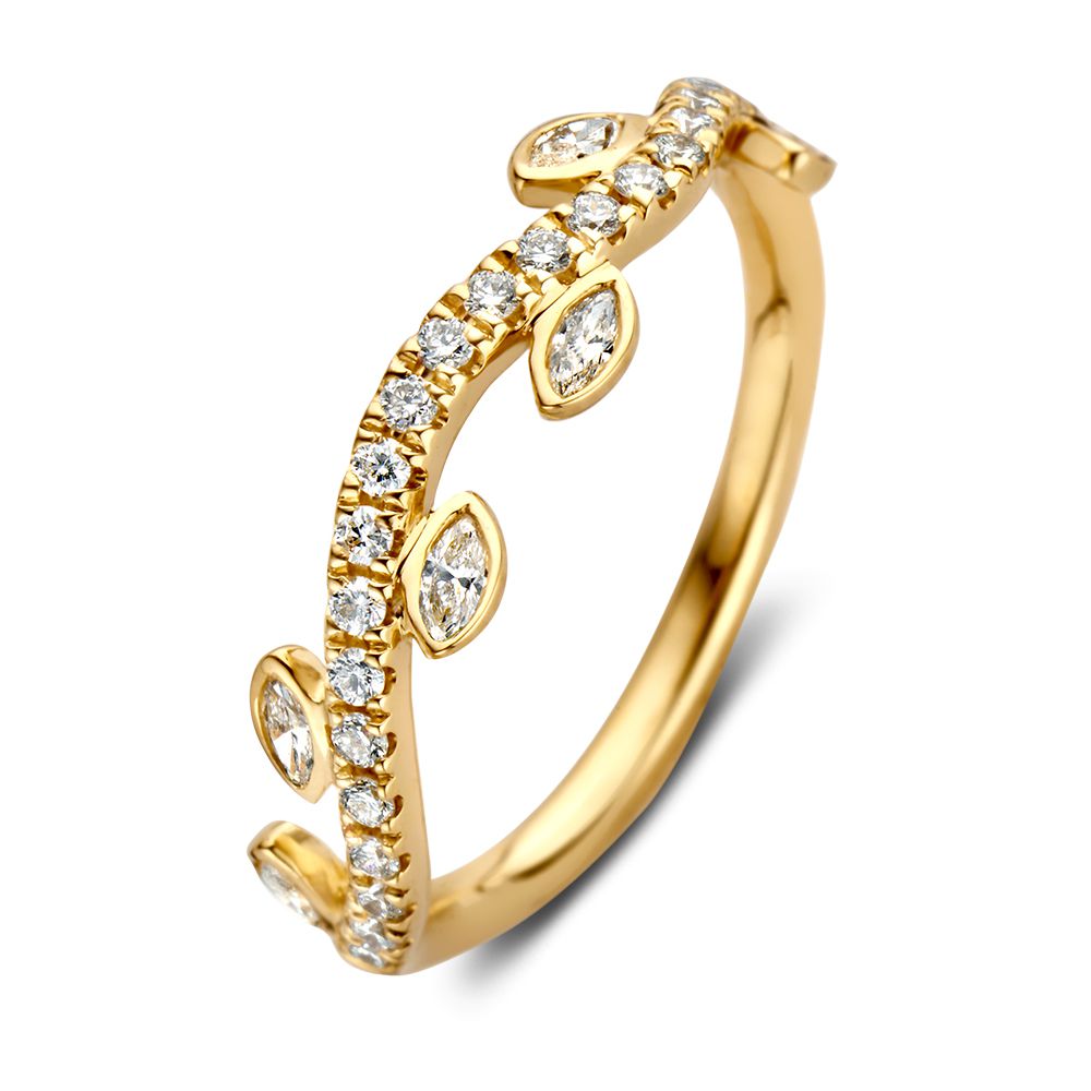 Elegancki pierścionek z żółtego złota z diamentowymi liśćmi, 14-karatowy, 0,37 ct diamentów.