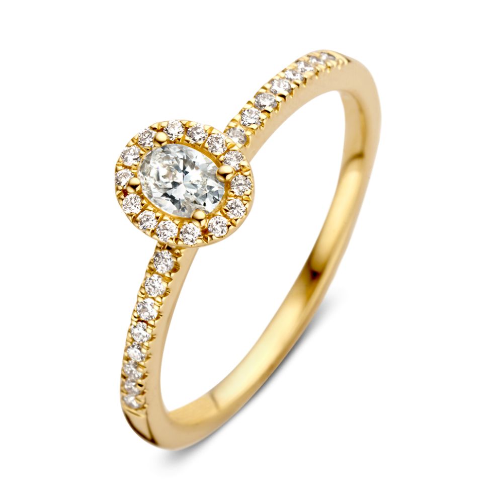 Elegancki pierścionek z żółtego złota z owalnym diamentem i halo, 14-karatowe złoto, 0,40 ct diamentu.