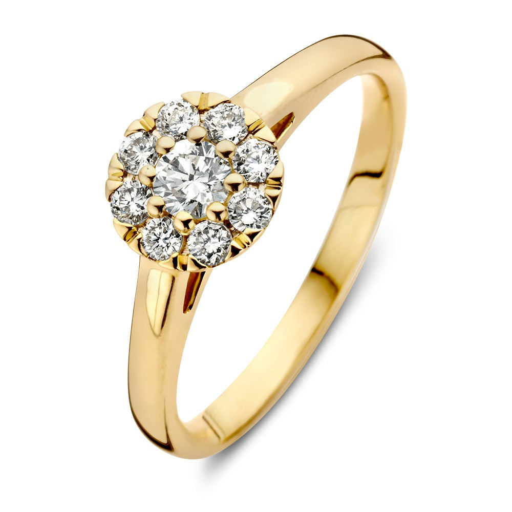 Elegancki pierścionek z żółtego złota z diamentowym halo, 14-karatowe złoto, 0,40 ct diament.