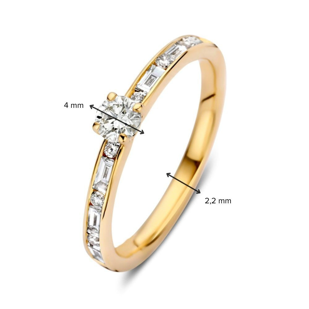 Stylowy Żółte Złoto Diamentowy Pierścionek Solitair z Baguette i Brylantowymi Szlifami – 14 Karat 0.63 crt.