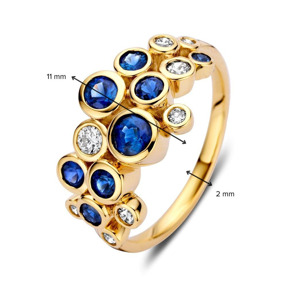 Stylowy pierścionek z 14k żółtego złota z 1.10ct szafirami i 0.29ct diamentami, kolekcja 'Bubbles'