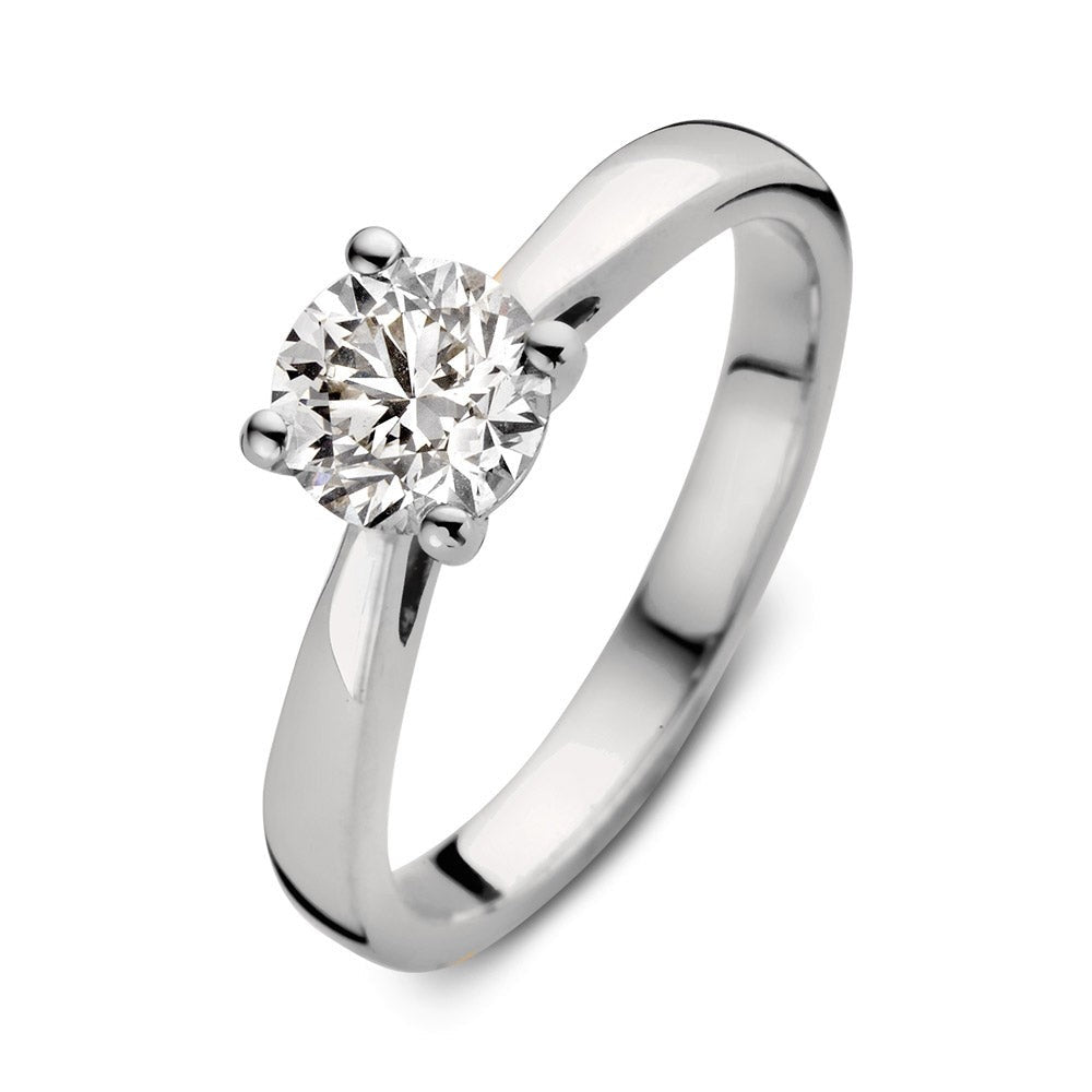 Witgouden ring met een ronde diamant van 1,00 crt in een vierpootzetting.
