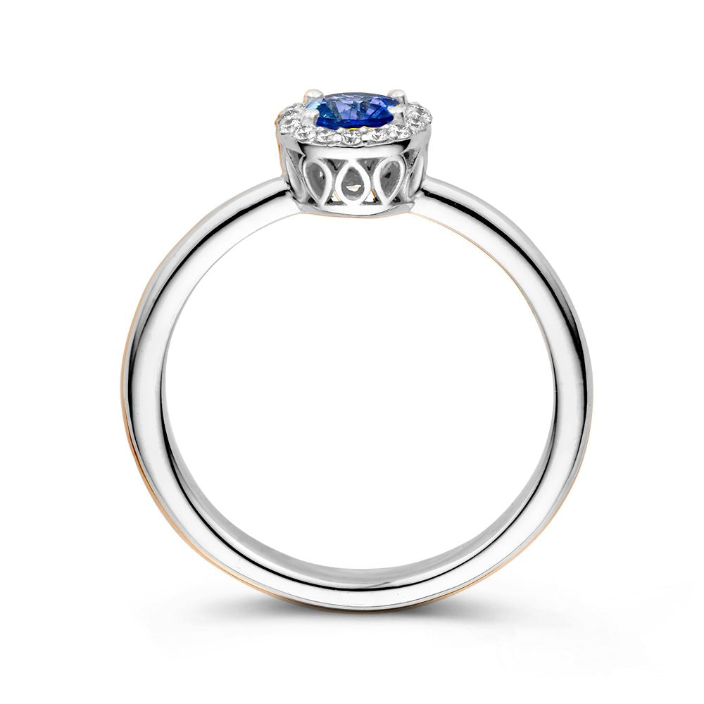 18kt Białe Złoto Pierścionek Entourage z Niebieskim Szafirem i 0.11ct Diamentami