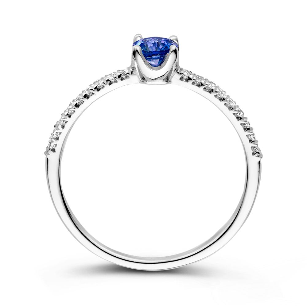 18kt pierścionek z białego złota z niebieskim szafirem i 0.15ct diamentami – Elegancki