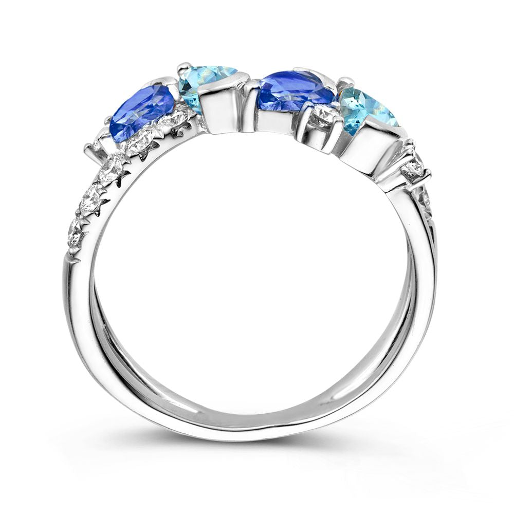18kt Pierścionek z Białego Złota z Szlifowanym Niebieskim Szafirem, Akwamarynem i 0.50ct Diamentami