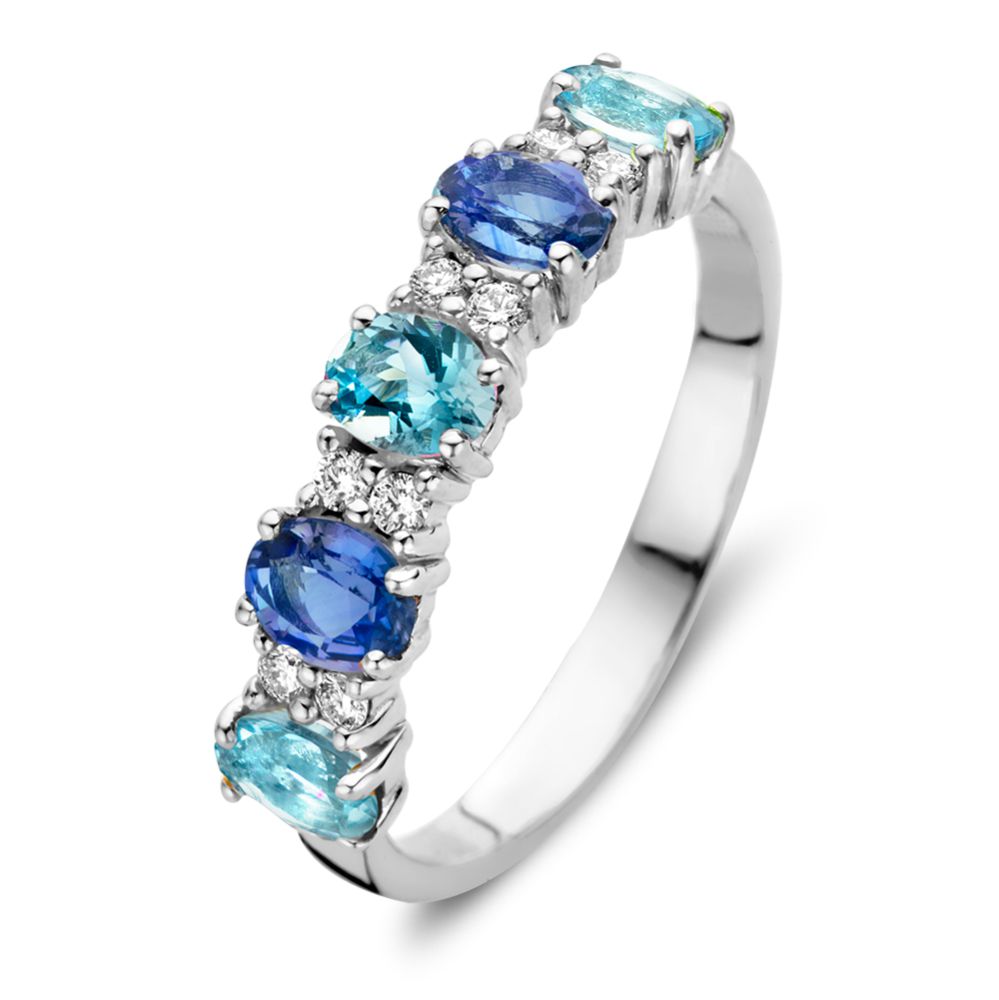 Pierścionek z białego złota 18kt z owalnymi szafirami, akwamarynami i diamentami 0,12 ct.