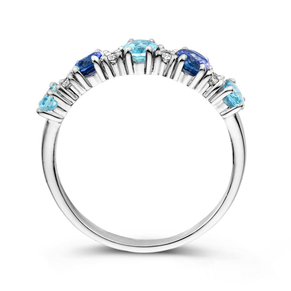 18kt pierścionek z białego złota z owalnymi szafirami, akwamarynami i 0.12ct diamentami