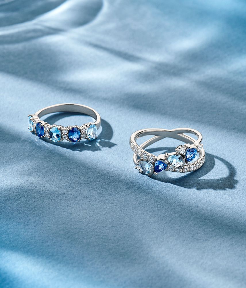 18kt Pierścionek z Białego Złota z Szlifowanym Niebieskim Szafirem, Akwamarynem i 0.50ct Diamentami