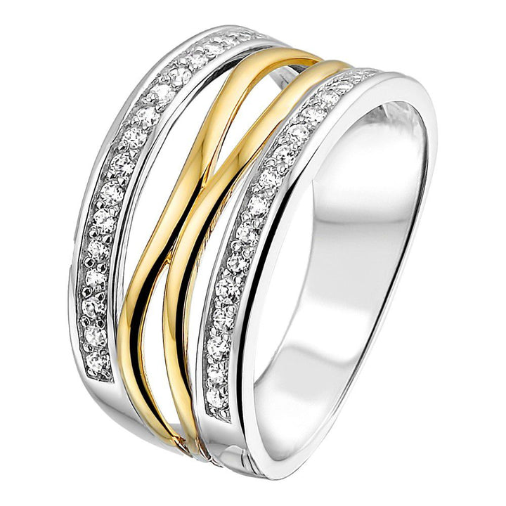 Zilveren Damesring met 14 Karaat Geel Gouden Zetting en Witte Zirkonia – Elegante Minimalisme