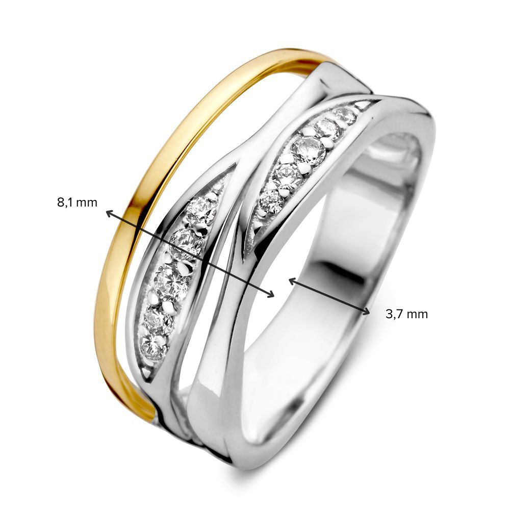 Rodowany Srebrny Damski Pierścionek z 14 Karaat Żółtego Złota i Cyrkonią – Elegancki i Wyszukany Design