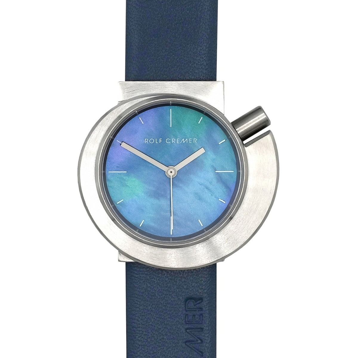 Zegarek Rolf Cremer 508500 Spirale S z niebieskim paskiem i okrągłą, metalową kopertą oraz kolorową tarczą.