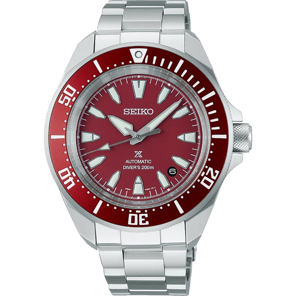 Zilveren heren horloge met rode wijzerplaat, automatische beweging en 200 meter waterdichtheid.