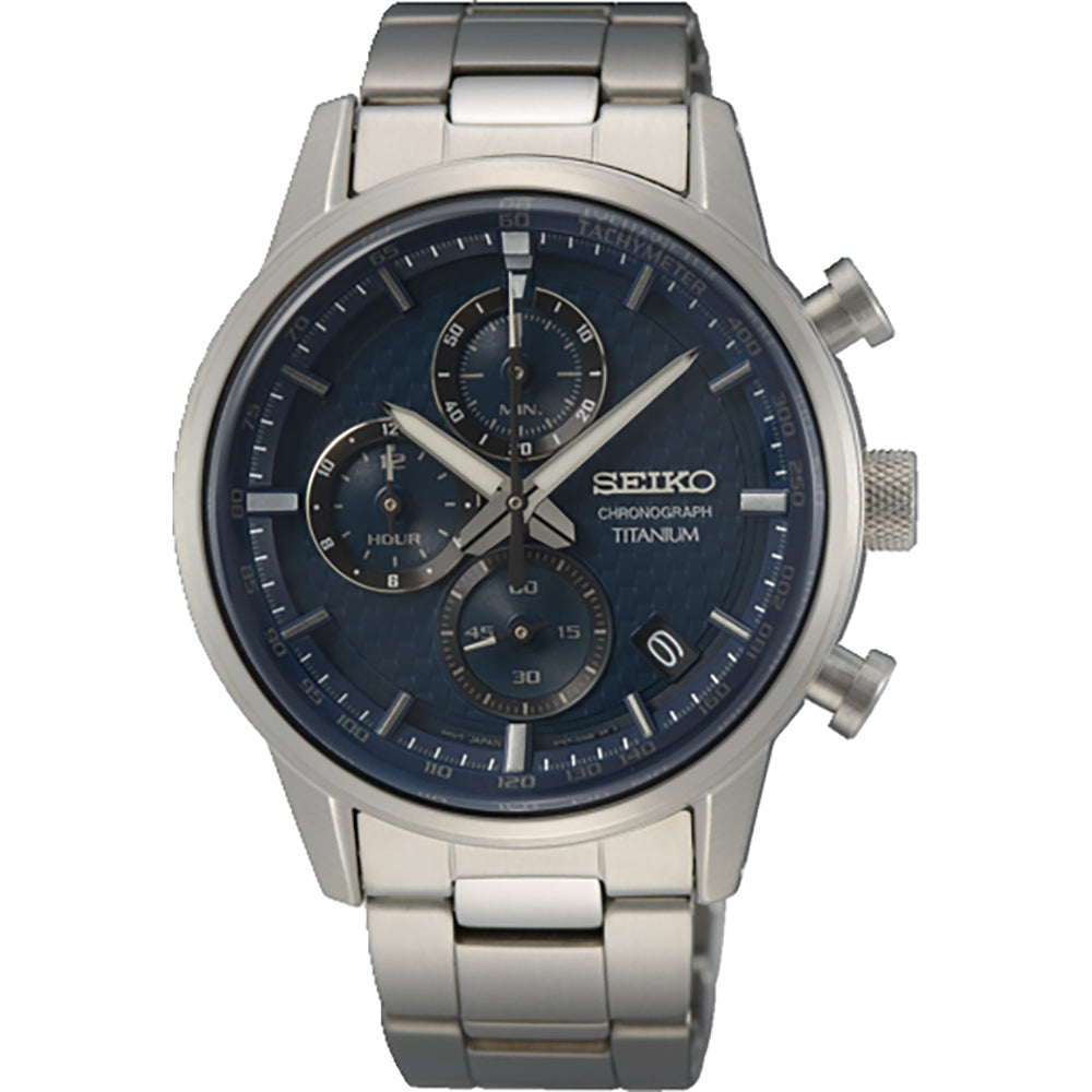 Zegarek męski Seiko SSB387P1 z niebieską tarczą, stalową kopertą i bransoletą z tytanu.