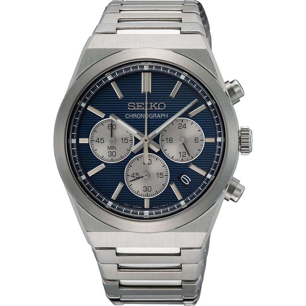 Zegarek Seiko SSB453P1 z niebieską tarczą, stalową kopertą i bransoletą, z chronografem.