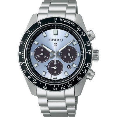 Zegarek męski Seiko Prospex SSC935P1 z metalową bransoletą, srebrną tarczą i czarną kopertą.
