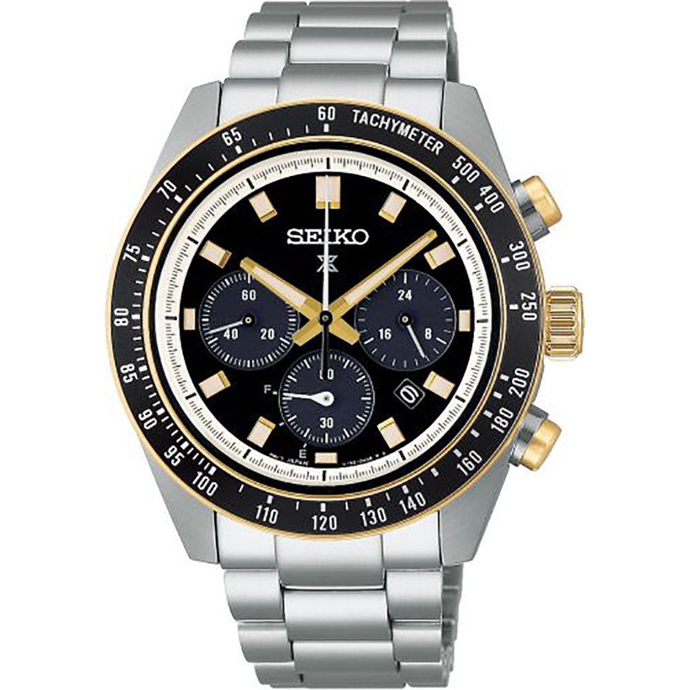 Zegarek męski Seiko Prospex z czarną tarczą, stalową kopertą i bransoletą, z chronografem i tachymetrem.