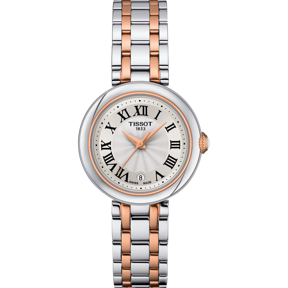 Zegarek Tissot Bellissima Small Lady z okrągłą tarczą, srebrną kopertą i różowo-złotym paskiem.