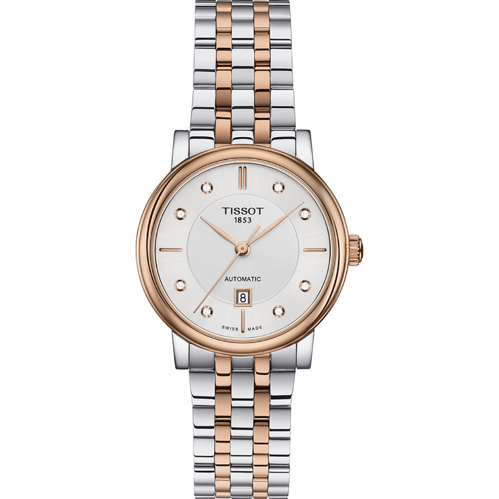 Zegarek Tissot z automatycznym mechanizmem, srebrna bransoleta z różowym złotem, biała tarcza z diamentowymi indeksami.