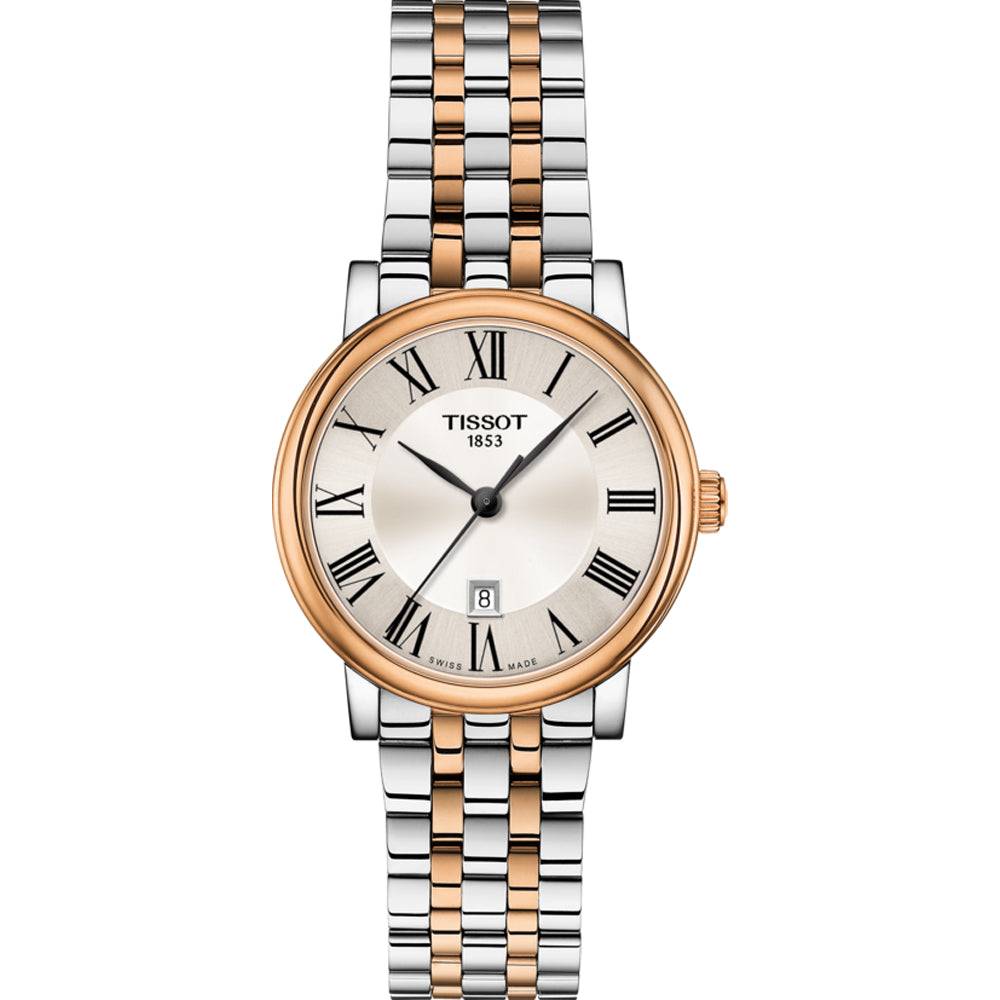 Zegarek Tissot Carson Premium Lady z okrągłą tarczą, złotą i srebrną bransoletą oraz rzymskimi cyframi.