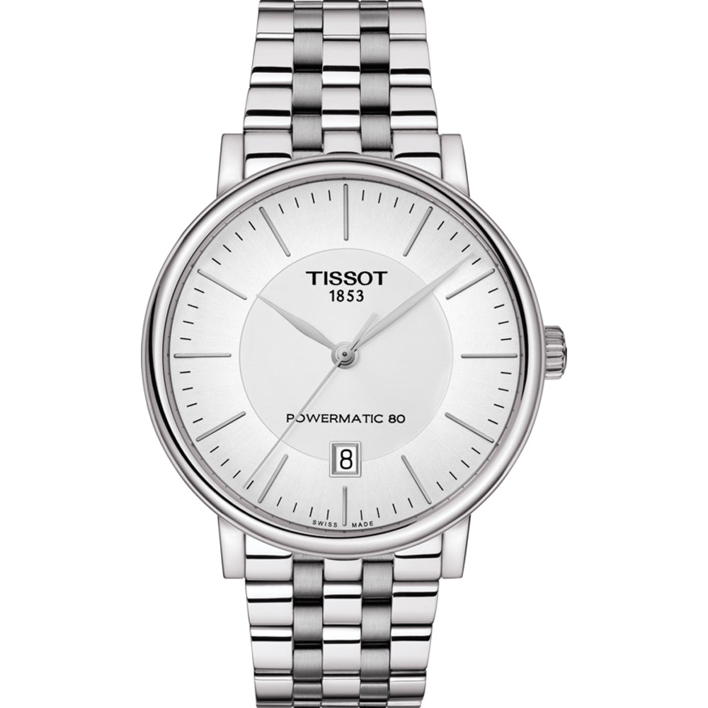 Zegarek Tissot Carson Premium Powermatic 80 z białą tarczą, stalową kopertą i bransoletą.