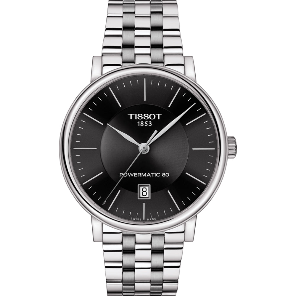 Zegarek Tissot Carson Premium Powermatic 80 z czarną tarczą i metalową bransoletą.