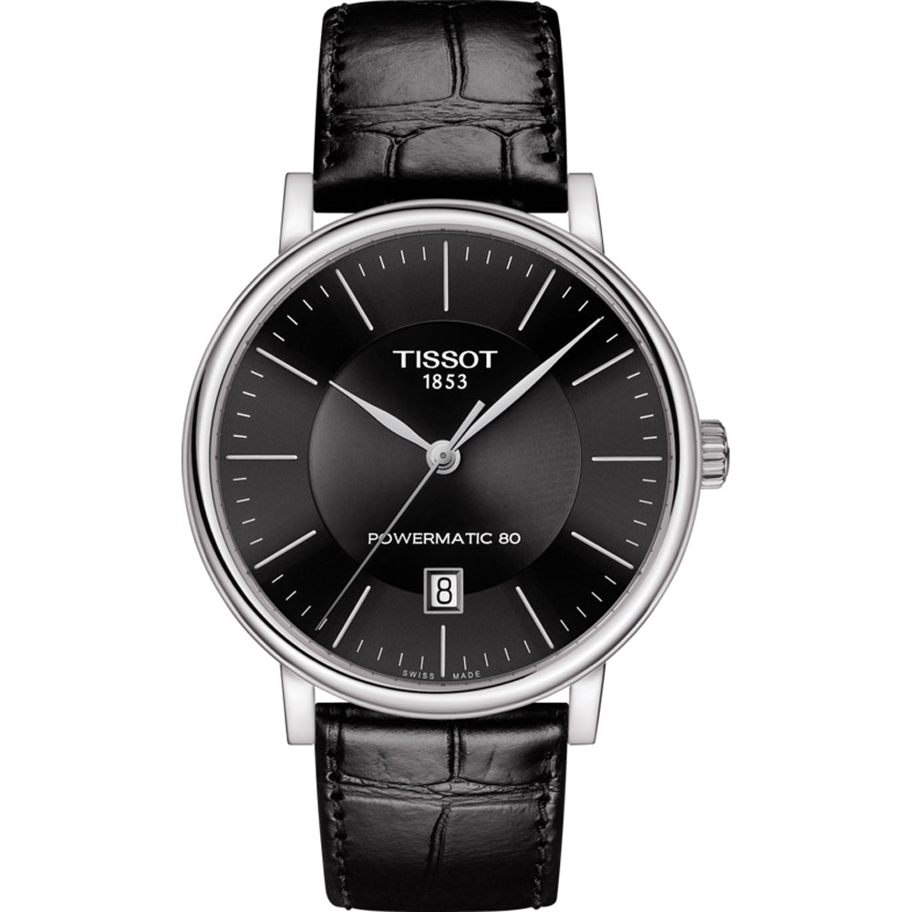 Zegarek Tissot Carson Premium Powermatic 80 z czarną tarczą, stalową kopertą i skórzanym paskiem.