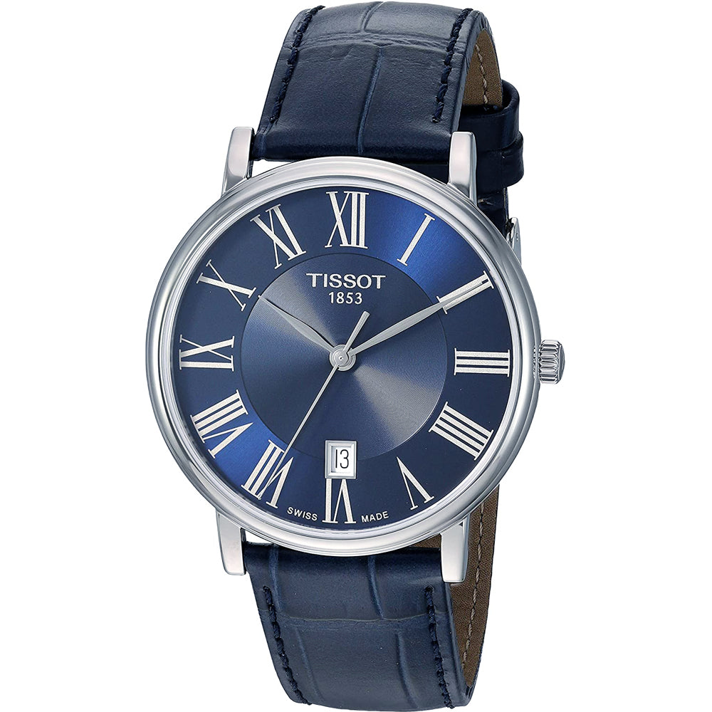 Zegarek Tissot Carson Premium z niebieską tarczą, srebrną kopertą i skórzanym paskiem.
