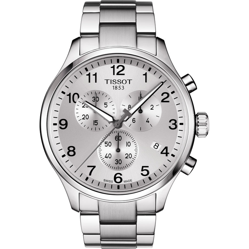 Srebrny zegarek Tissot z okrągłą tarczą, trzema subtarcza i metalową bransoletą.