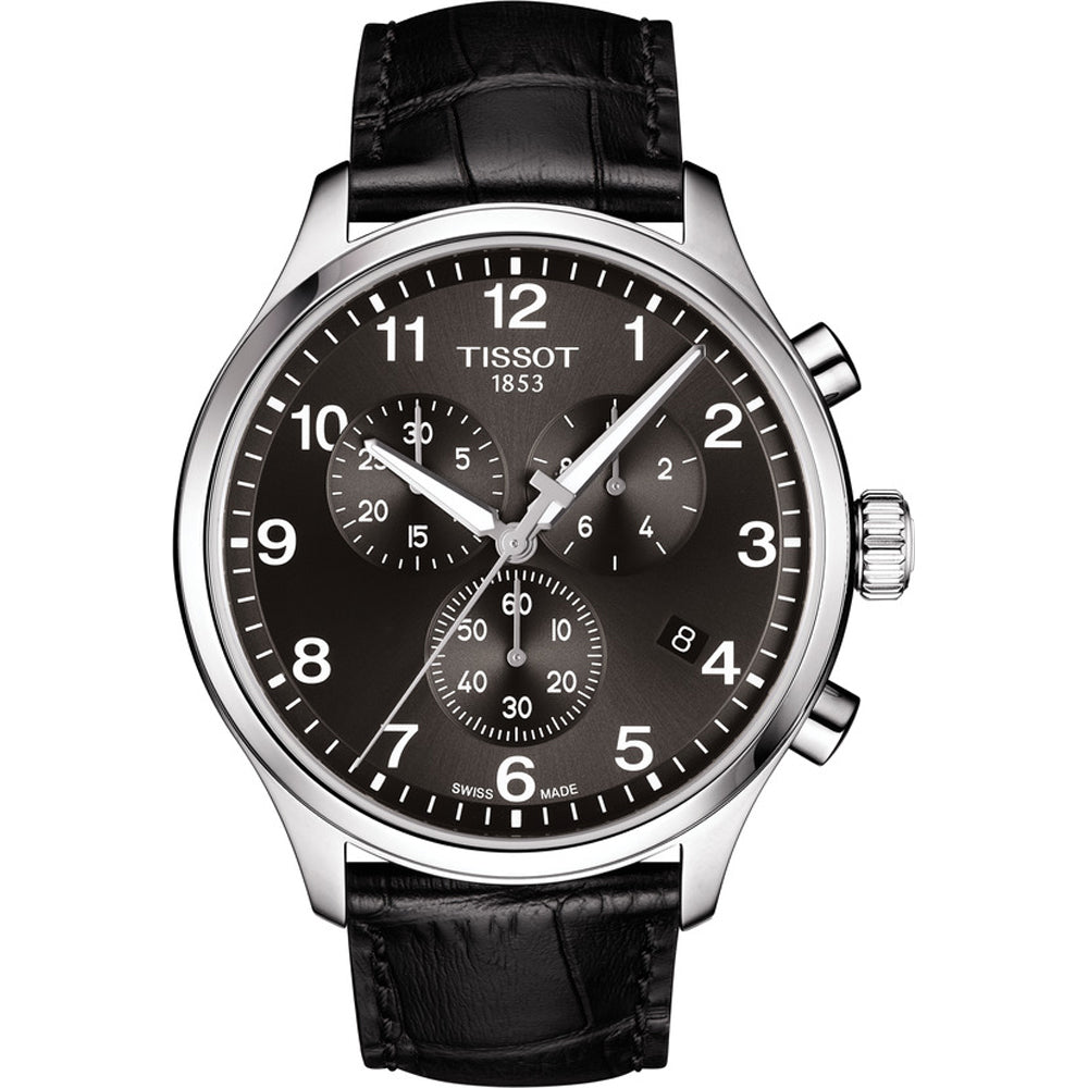 Zegarek Tissot Chrono XL Classic z czarną tarczą, stalową kopertą i skórzanym paskiem.