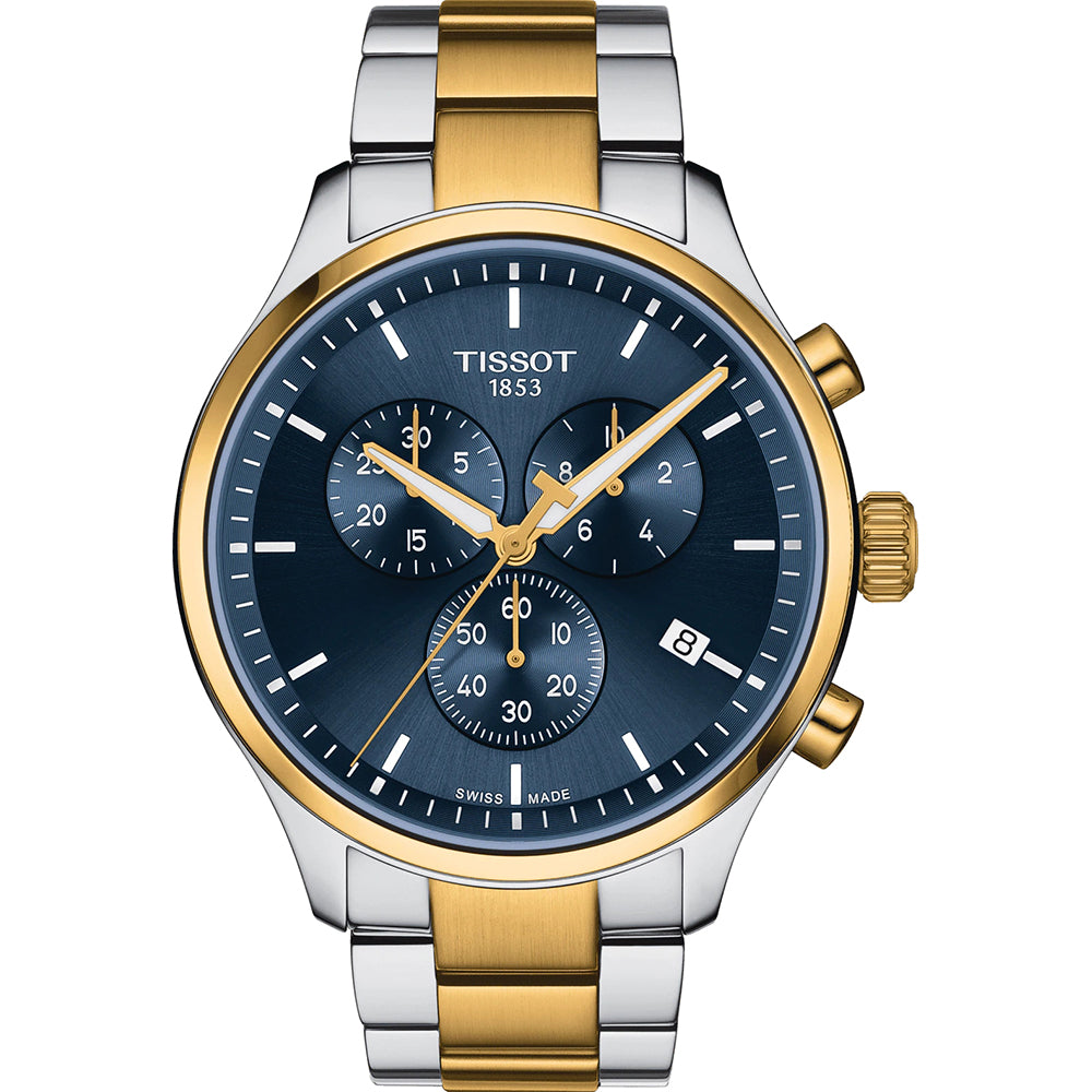 Zegarek Tissot Chrono XL Classic z niebieską tarczą, stalową kopertą i złotym paskiem.