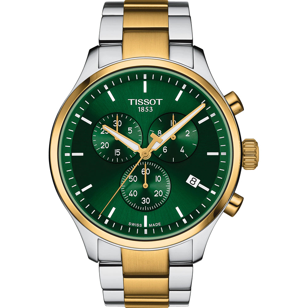 Zegarek Tissot Chrono XL Classic z zieloną tarczą, stalową kopertą i bransoletą w kolorze złotym i srebrnym.