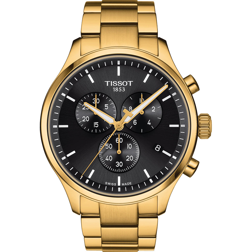 Złoty zegarek Tissot z czarną tarczą, chronografem i metalową bransoletą.