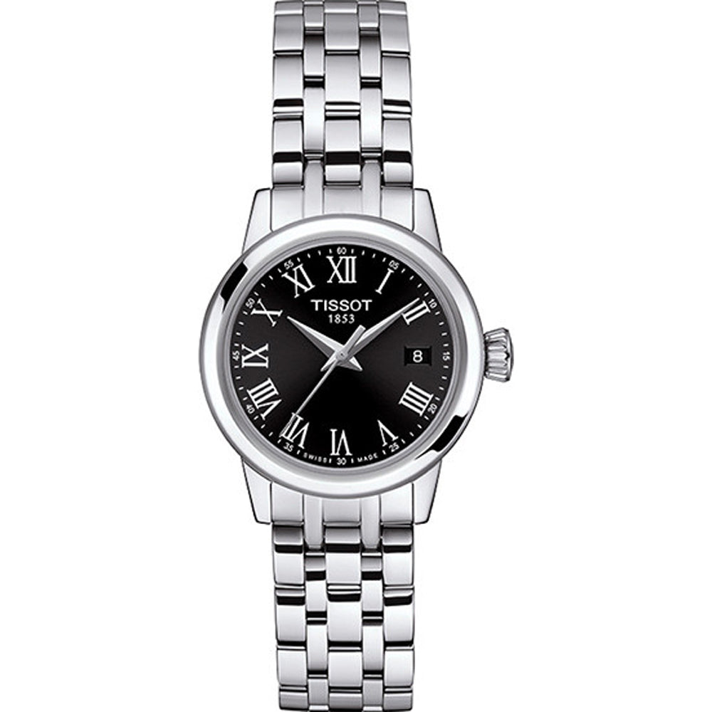 Zegarek Tissot Classic Dream Lady z czarną tarczą i srebrną bransoletą.