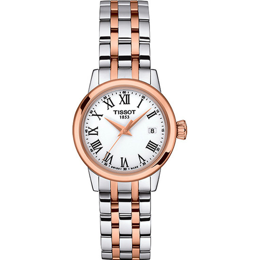 Zegarek Tissot Classic Dream Lady z białą tarczą, stalową kopertą i bransoletą w kolorze srebrnym i różowego złota.