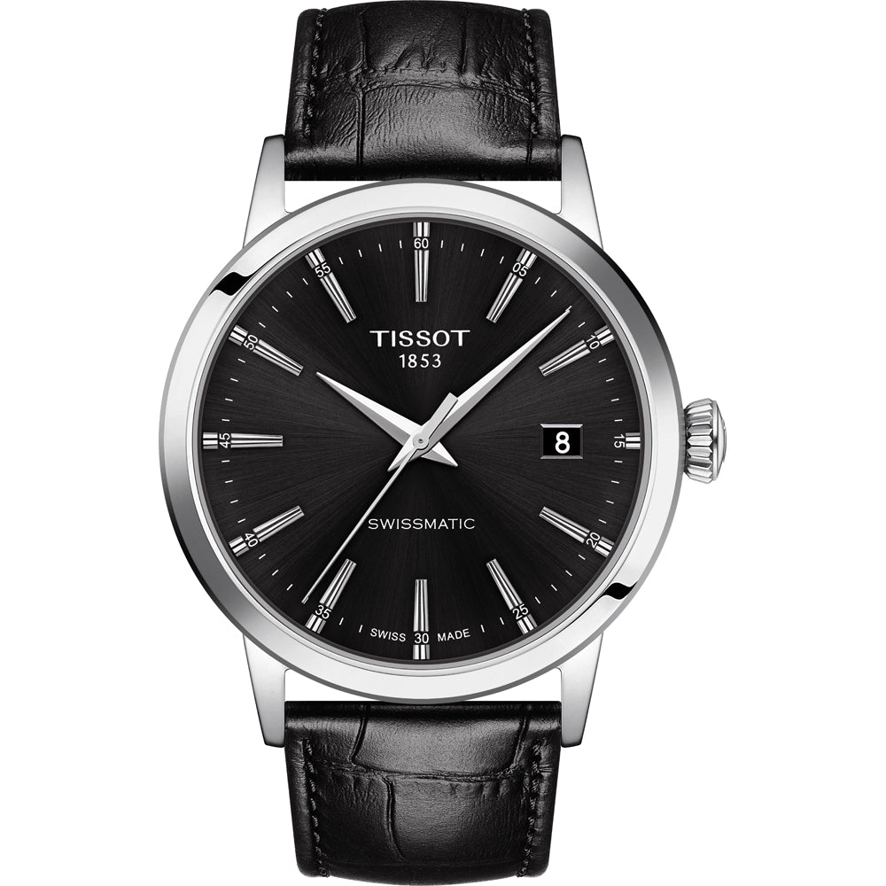 Zegarek Tissot Classic Dream Swissmatic z czarną tarczą, stalową kopertą i skórzanym paskiem.