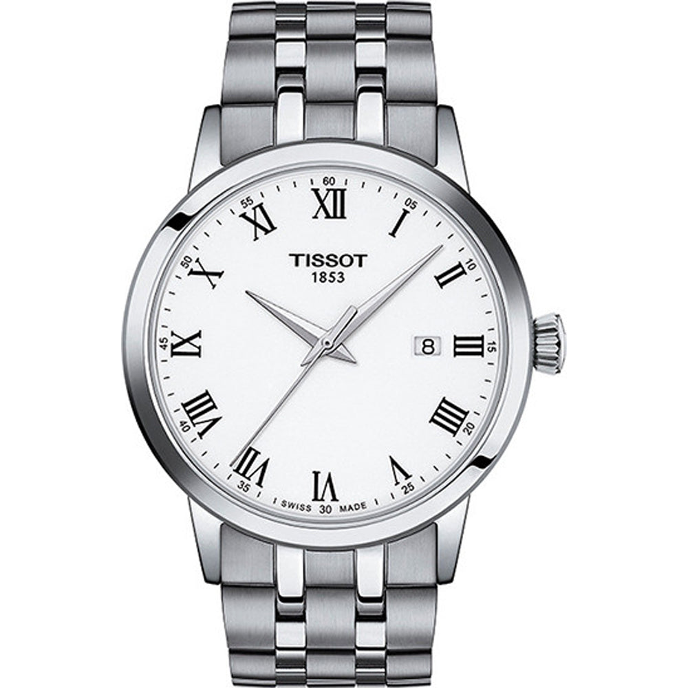 Zegarek Tissot Classic Dream z okrągłą, białą tarczą, stalową kopertą i bransoletą.