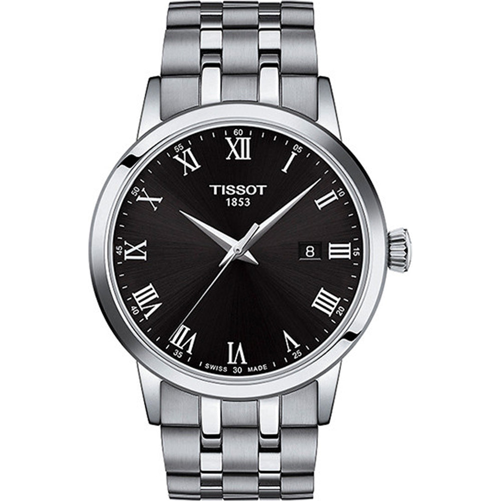 Zegarek Tissot Classic Dream z czarną tarczą, stalową kopertą i bransoletą.