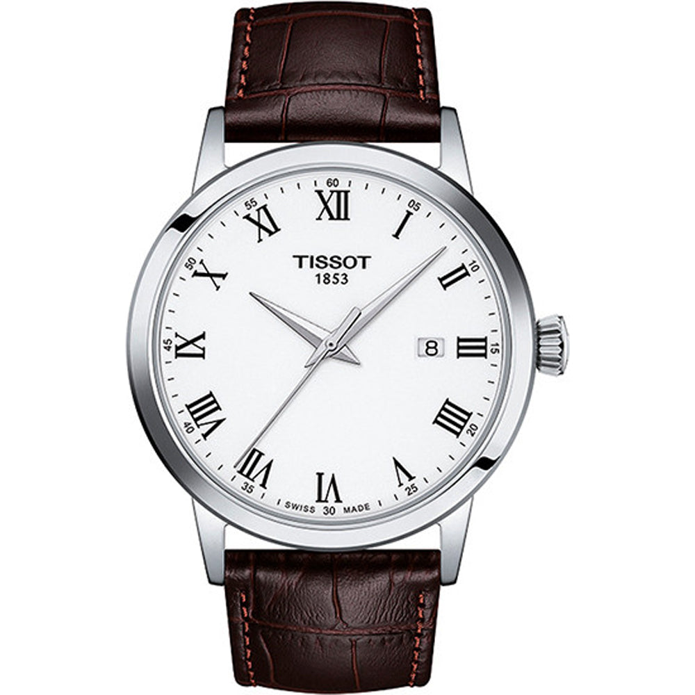 Zegarek Tissot Classic Dream z białą tarczą, srebrną kopertą i brązowym paskiem ze skóry.