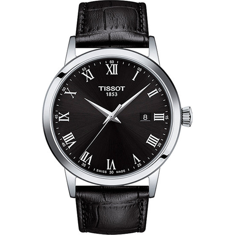 Zegarek Tissot Classic Dream z czarną tarczą, srebrną kopertą i skórzanym paskiem.